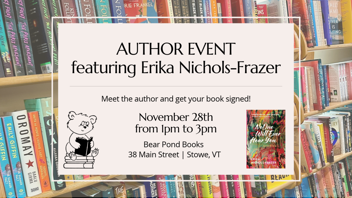 Author event poster featuring Erika Nichols-Frazer at a bookstore bookshelf.