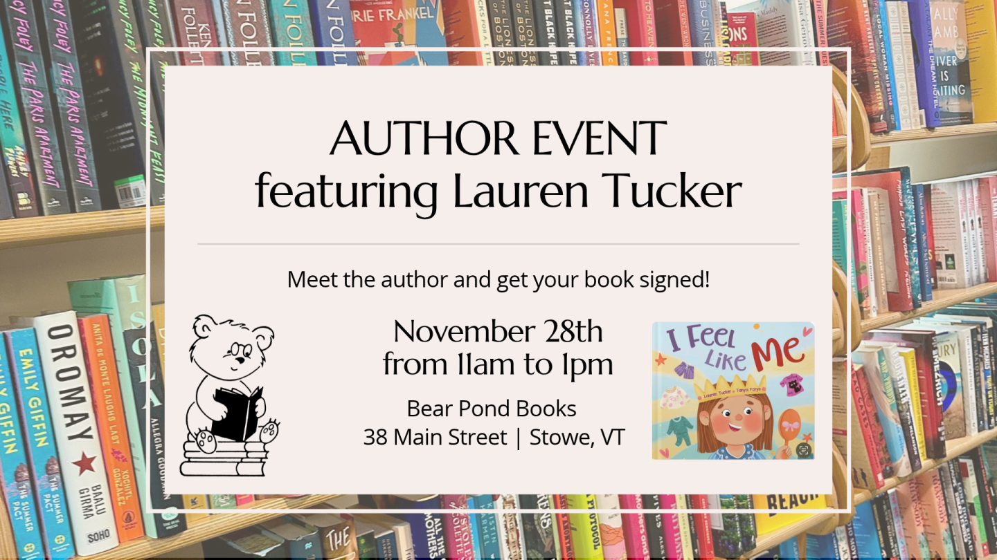Author event poster featuring Lauren Tucker on a bookstore shelf.