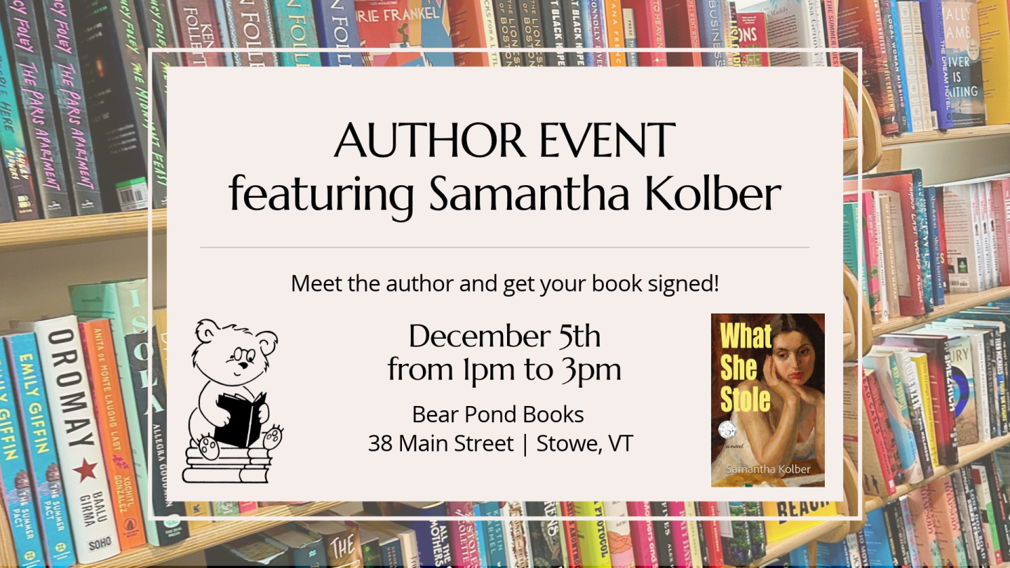 Poster on a library bookshelf advertising an author event featuring Samantha Kolber.