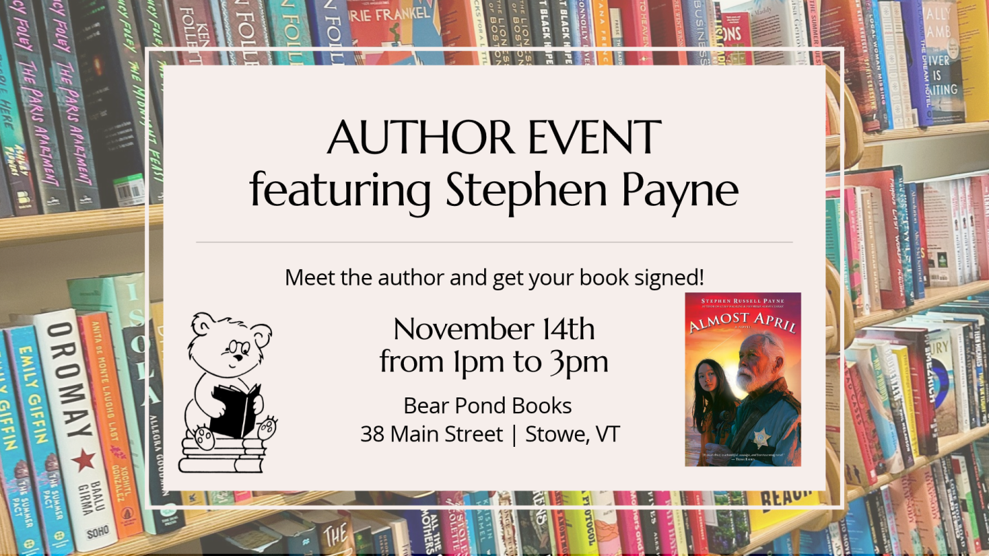 Author event poster featuring Stephen Payne in a bookstore, with bookshelves behind.
