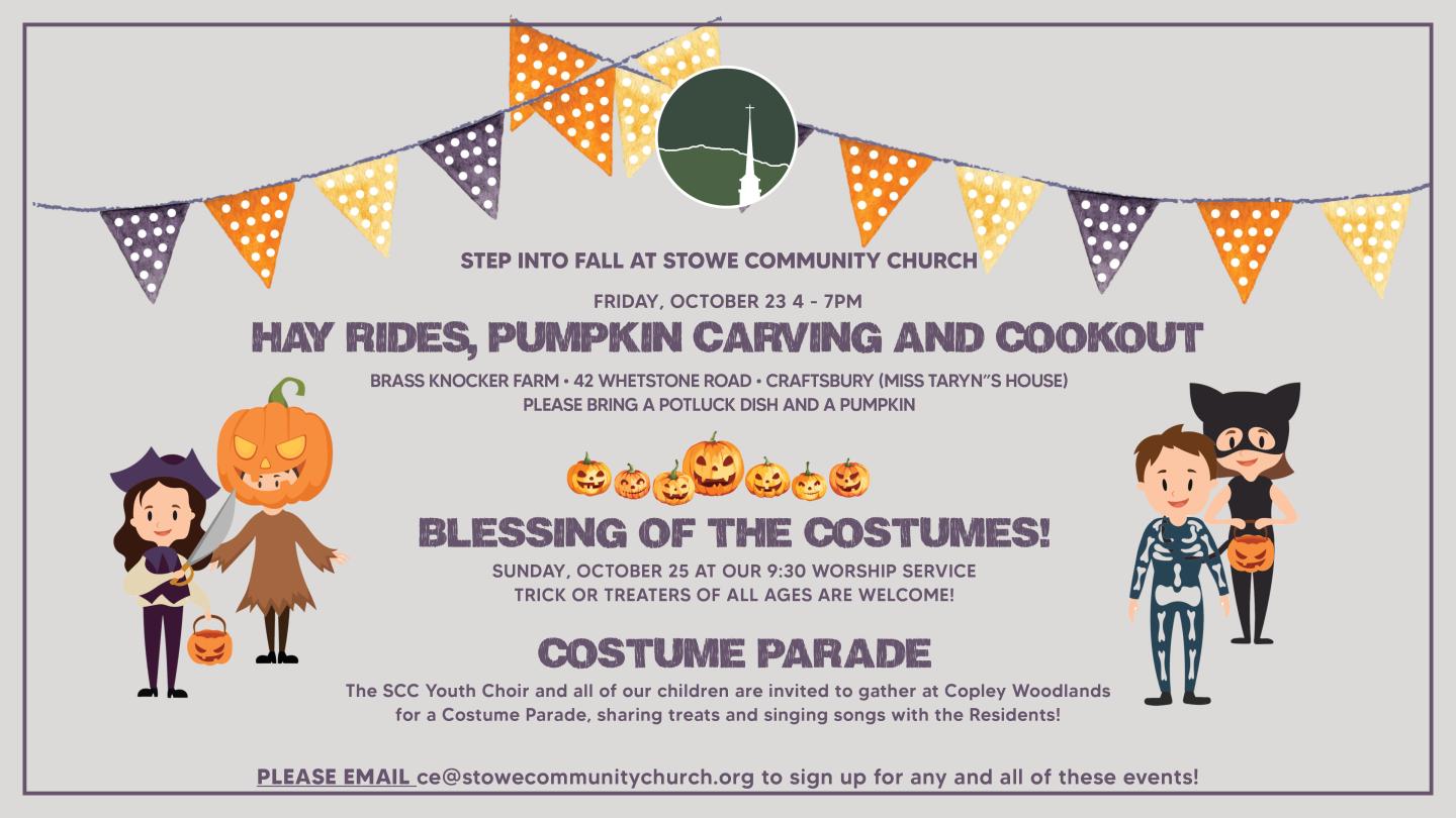 Colorful banner advertising a Halloween costume contest with illustrated characters.