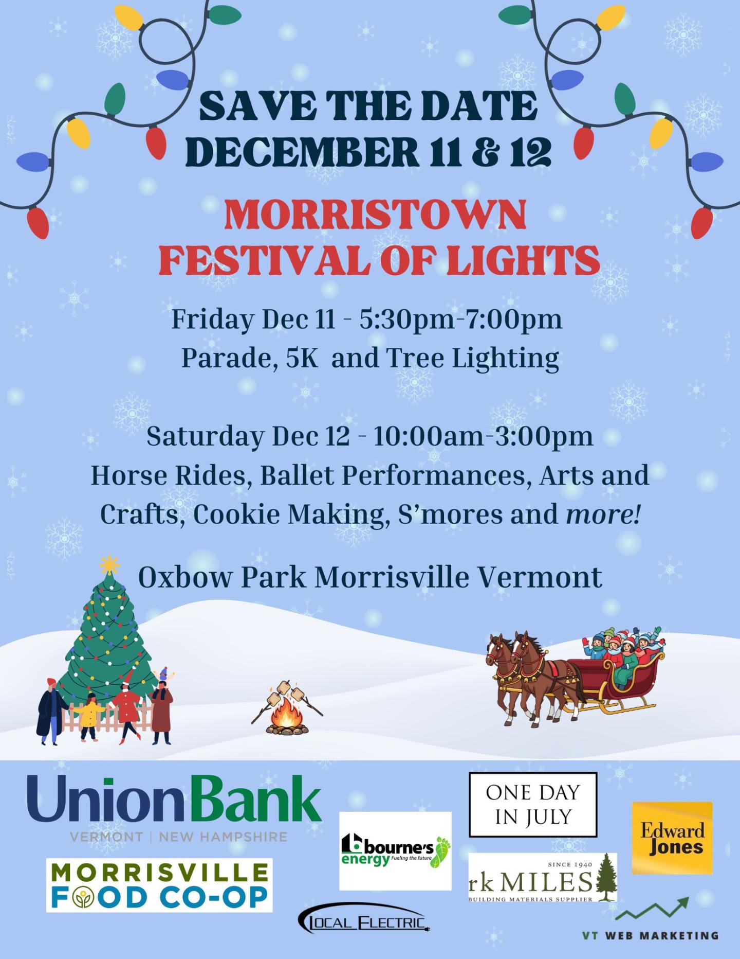 Festive flyer announcing Morristown Festival of Lights, Friday December 11, 5:30–7:00 pm.