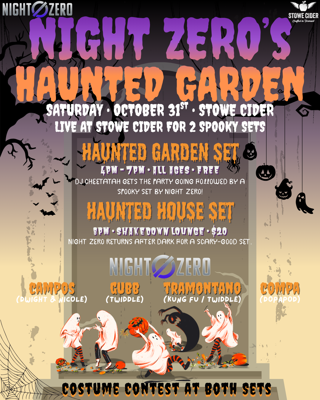 Poster for Midnight Zero’s Haunted Garden with spooky events and illustrated ghosts.