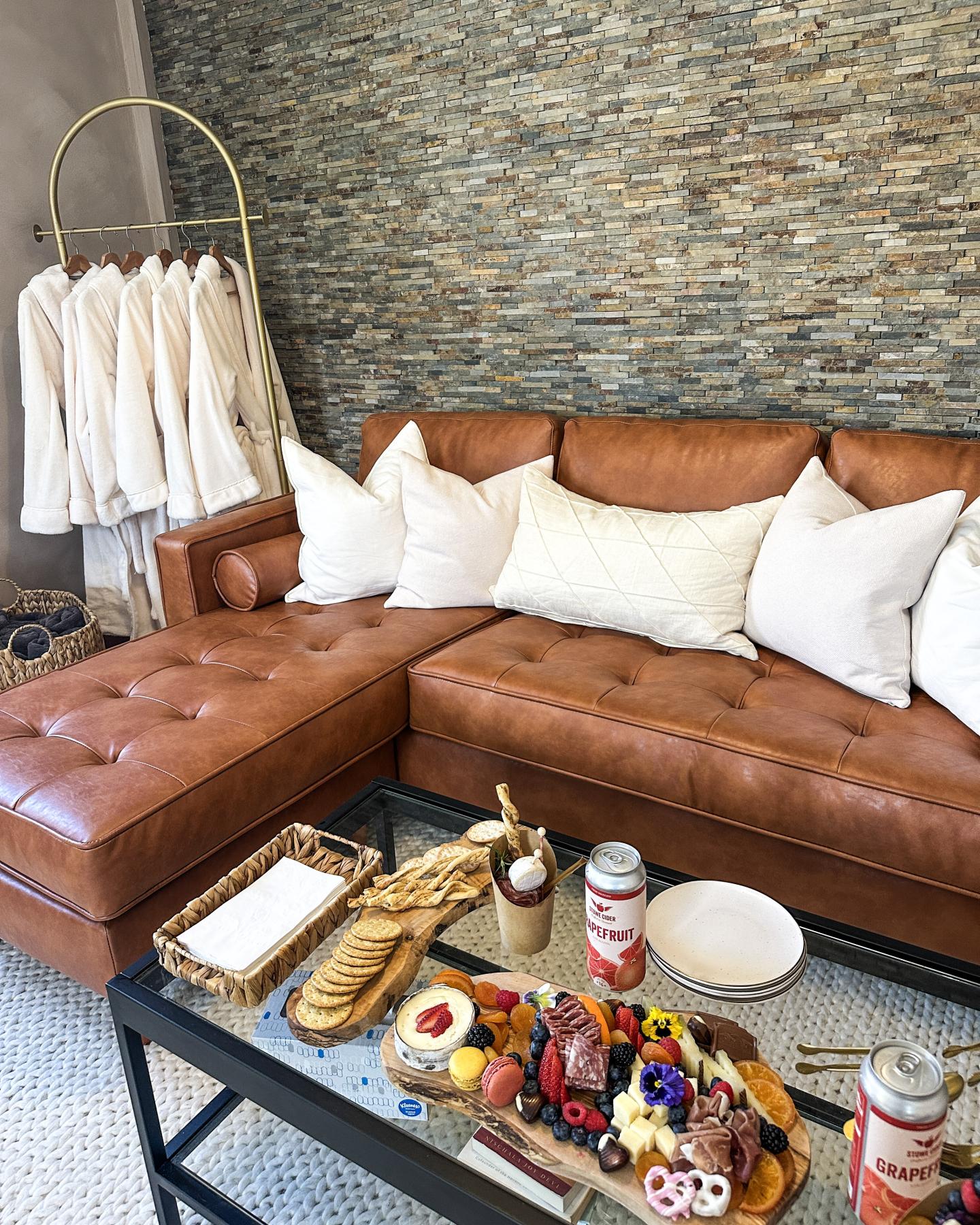 Cozy lounge with brown leather sofa
