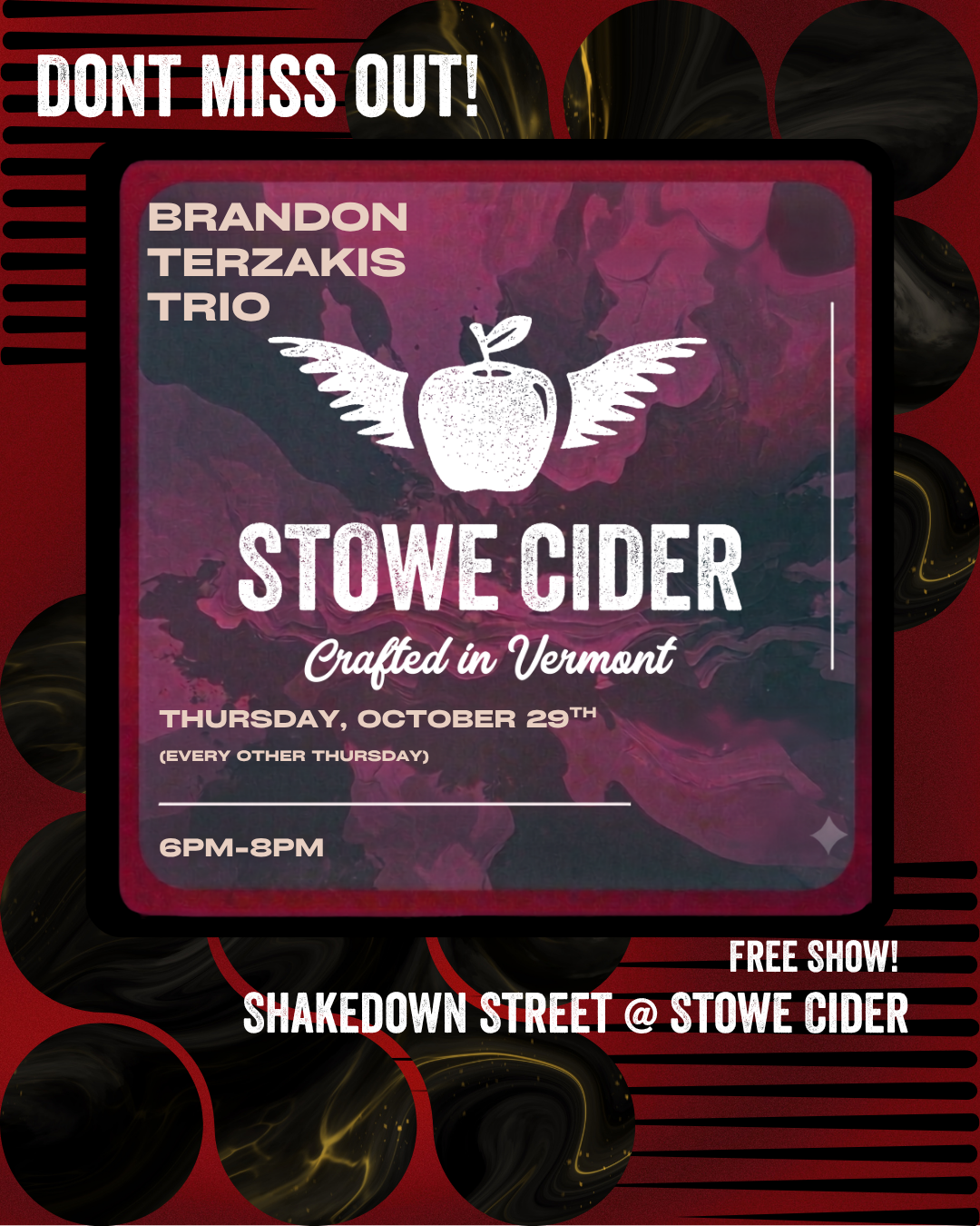 Poster promoting “Stowe Cider” event, with cider logo and dark red striped background.