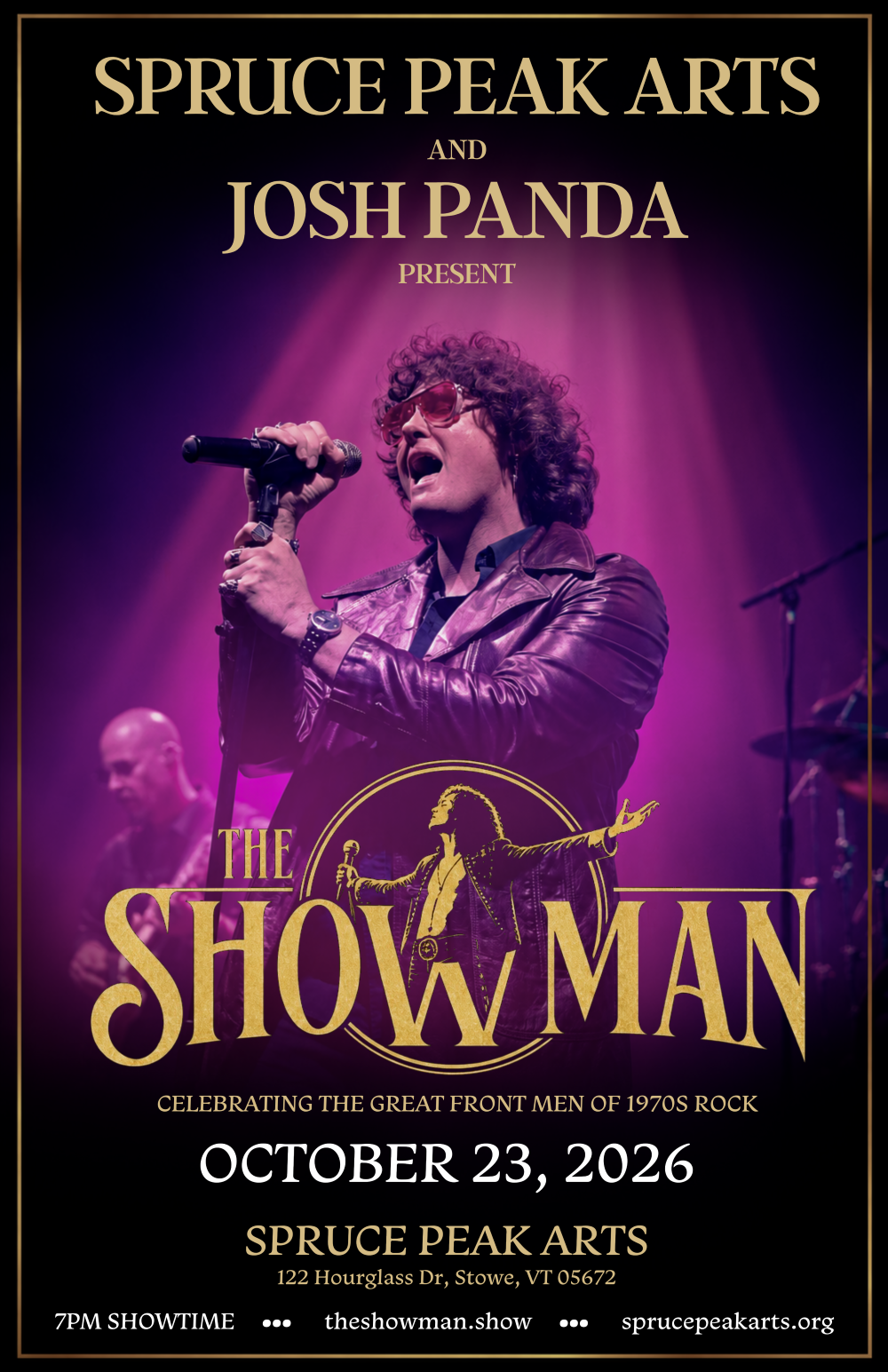 Purple concert poster for Joshi Panda’s “Show Man” at Spruce Peak Arts, October 23, 2026.