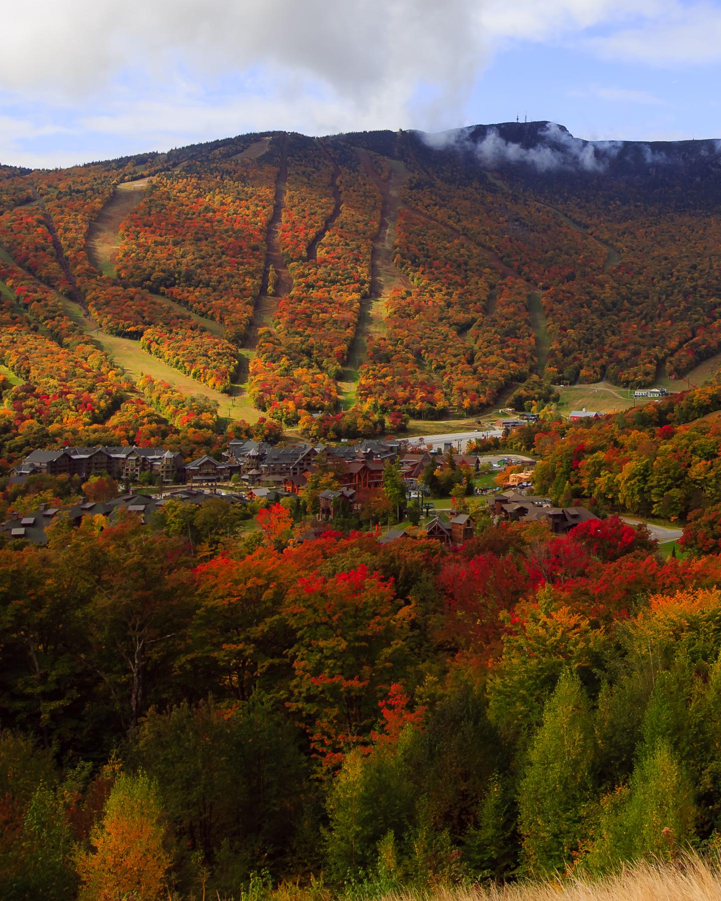 Autumn foliage blankets a mountain valley beneath low clouds.