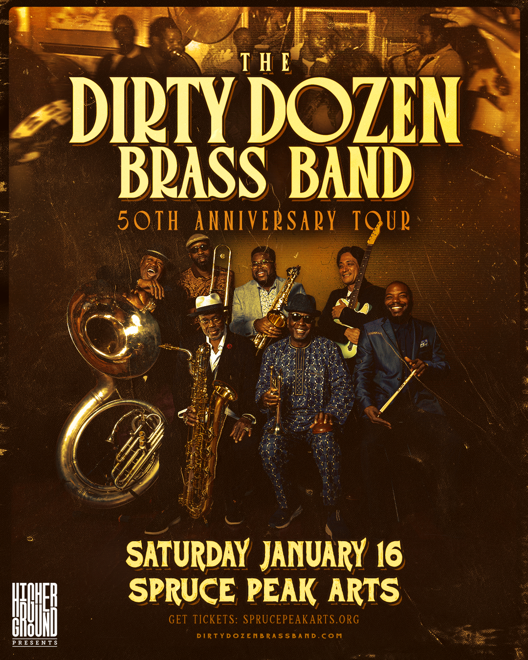 Vintage poster for The Dirty Dozen Brass Band 50th anniversary at Spruce Peak Arts.