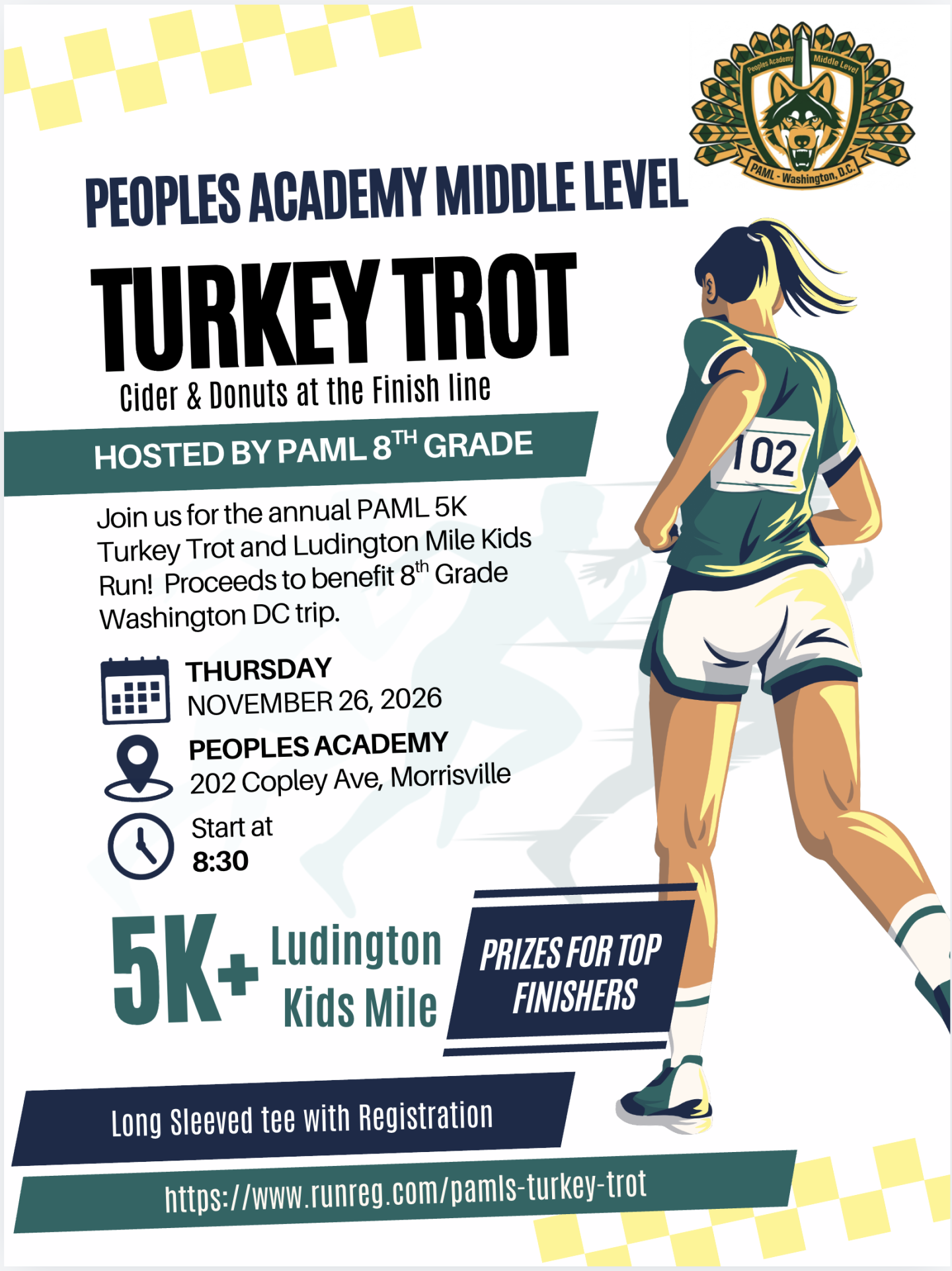 Poster for a 5K Turkey Trot hosted by Palm Beach Day School, featuring a runner.
