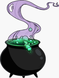 Black cauldron bubbling with green potion and purple smoke