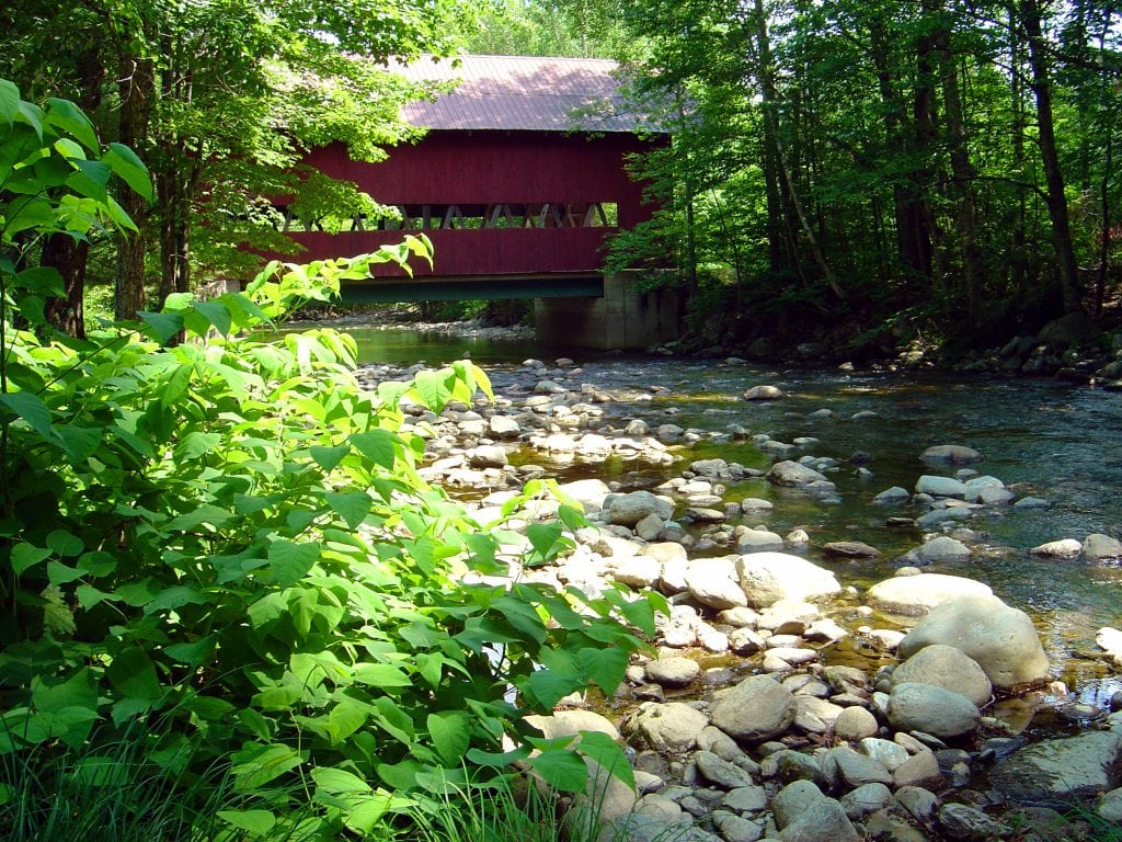 A covered bridge over West Branch River in Stowe, VT